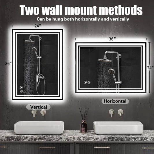 24“ x 36” LED Mirror for Bathroom Front and Backlit Anti-Fog Dimmable 3 Colors LED Bathroom Mirror with Lights Memory Function Smart Mirror Wall Mounted Horizontal/Vertical