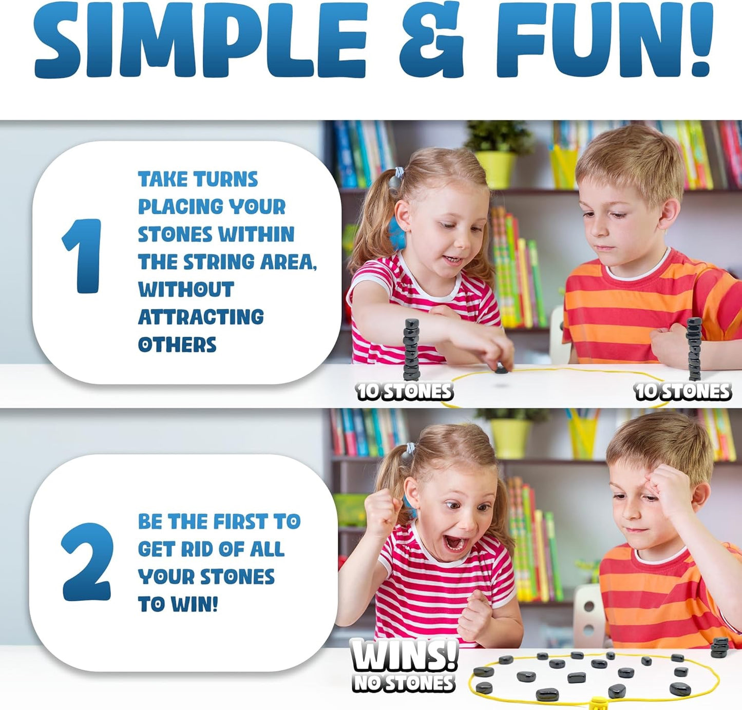 Upgraded (Multi-Level) Magnet Chess Game with String & Stones - Clear & Simple Instructions | Premium Set with 20 Larger & Stronger Stones, Adjustable Rope, 2 Dice & Travel Pouch | for Kids & Adults