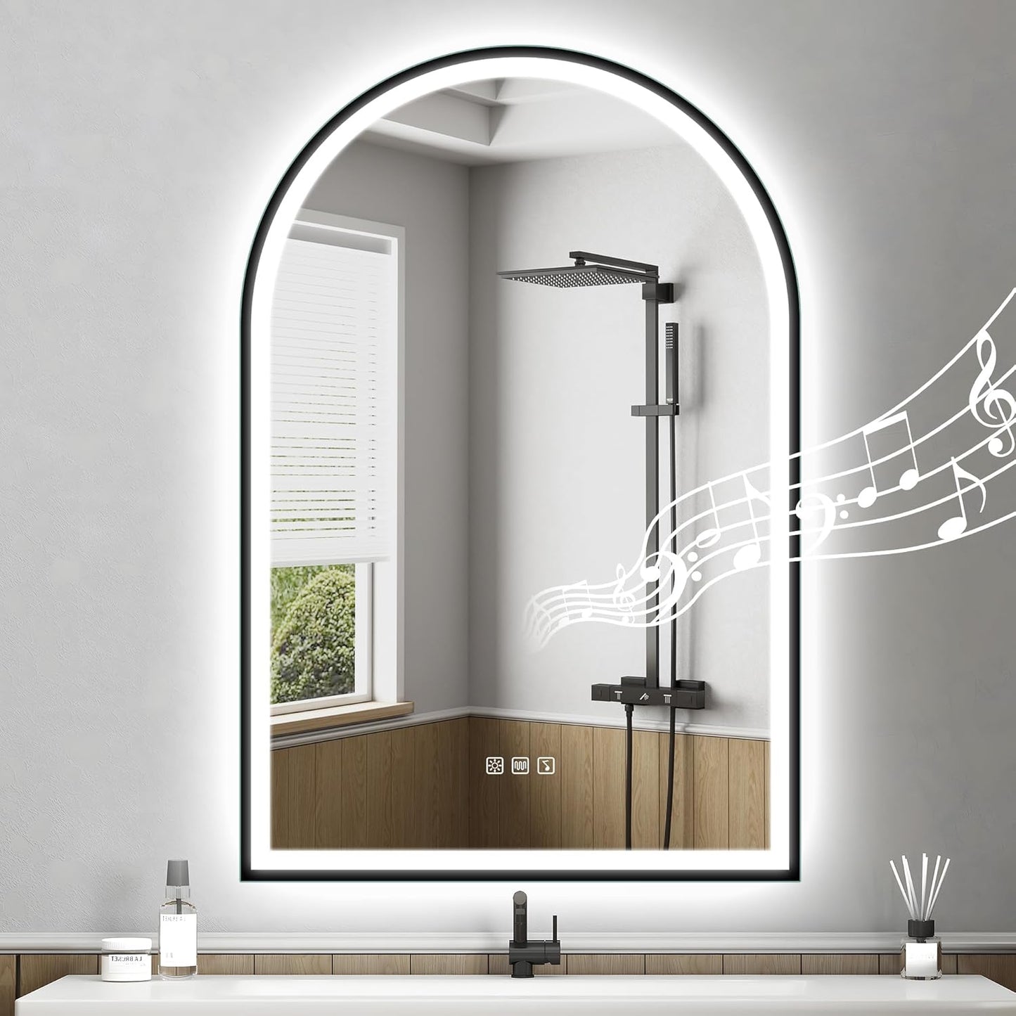 36x24 LED Bathroom Mirror with Bluetooth | Anti-Fog , Dimmable Light , Backlit & Frameless Arched Design