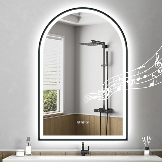 36x24 LED Bathroom Mirror with Bluetooth | Anti-Fog , Dimmable Light , Backlit & Frameless Arched Design