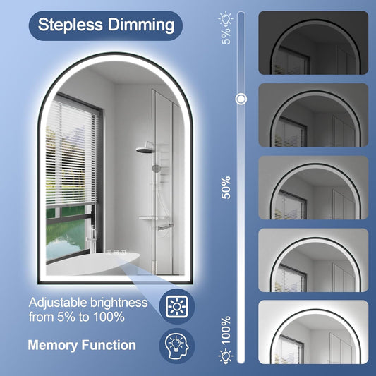 36x24 LED Bathroom Mirror with Bluetooth | Anti-Fog , Dimmable Light , Backlit & Frameless Arched Design