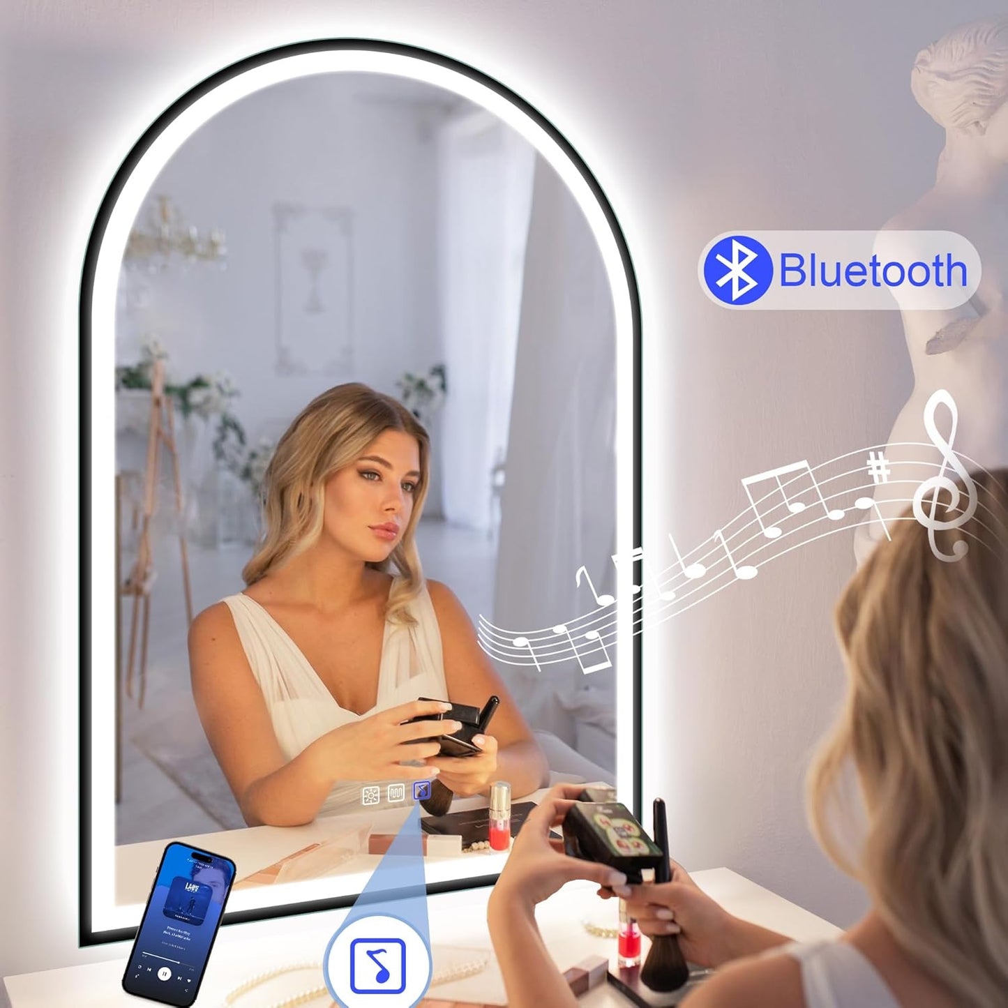 36x24 LED Bathroom Mirror with Bluetooth | Anti-Fog , Dimmable Light , Backlit & Frameless Arched Design