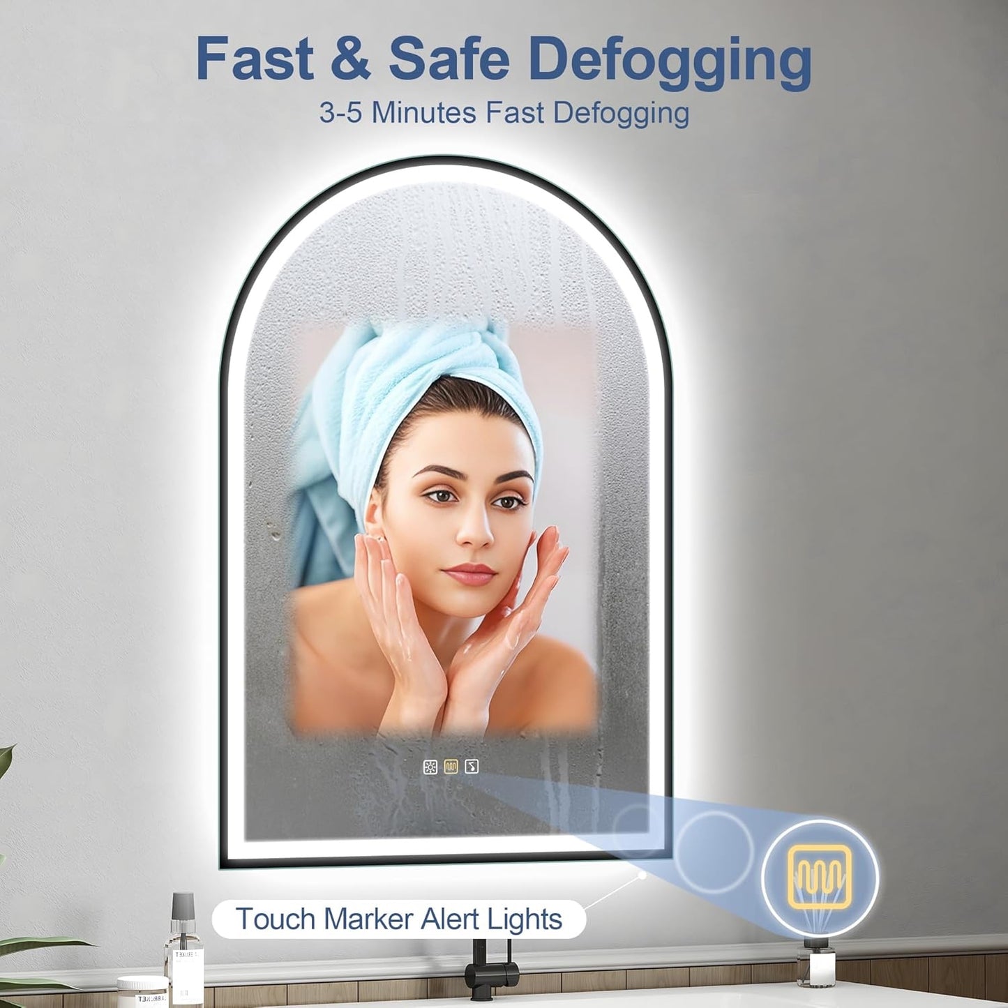 36x24 LED Bathroom Mirror with Bluetooth | Anti-Fog , Dimmable Light , Backlit & Frameless Arched Design