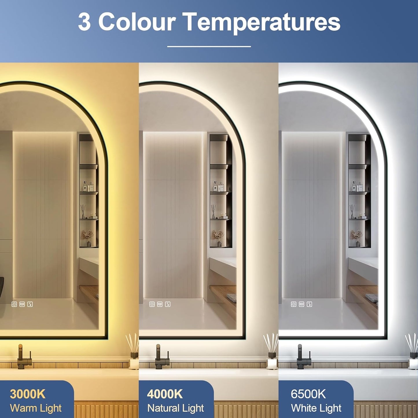 36x24 LED Bathroom Mirror with Bluetooth | Anti-Fog , Dimmable Light , Backlit & Frameless Arched Design