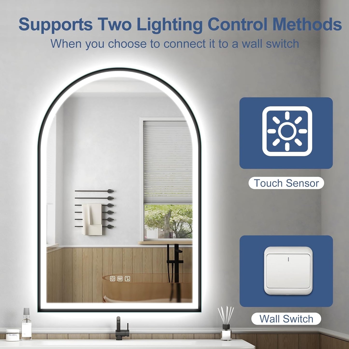 36x24 LED Bathroom Mirror with Bluetooth | Anti-Fog , Dimmable Light , Backlit & Frameless Arched Design