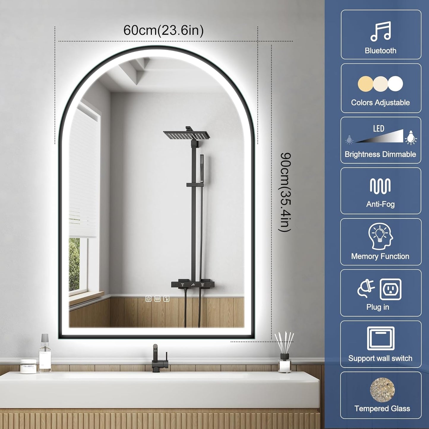 36x24 LED Bathroom Mirror with Bluetooth | Anti-Fog , Dimmable Light , Backlit & Frameless Arched Design