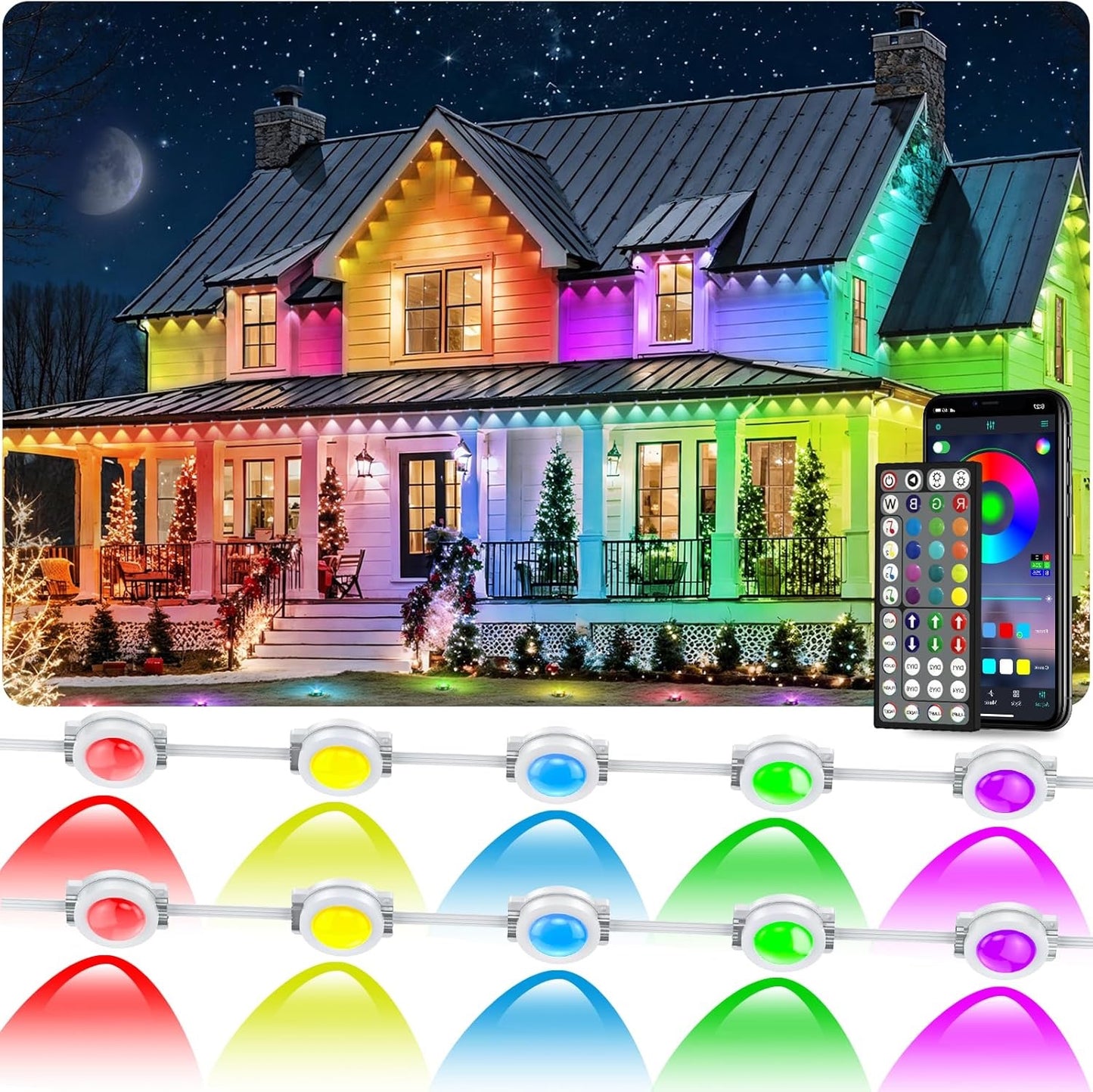 300FT Permanent Outdoor RGB Lights, IP67 Waterproof Smart Eave Lighting, with App/Remote Control Eaves Light, DIY LED Scenes Modes for House Roof Decor,Christmas,Party,All Holiday and Daily.
