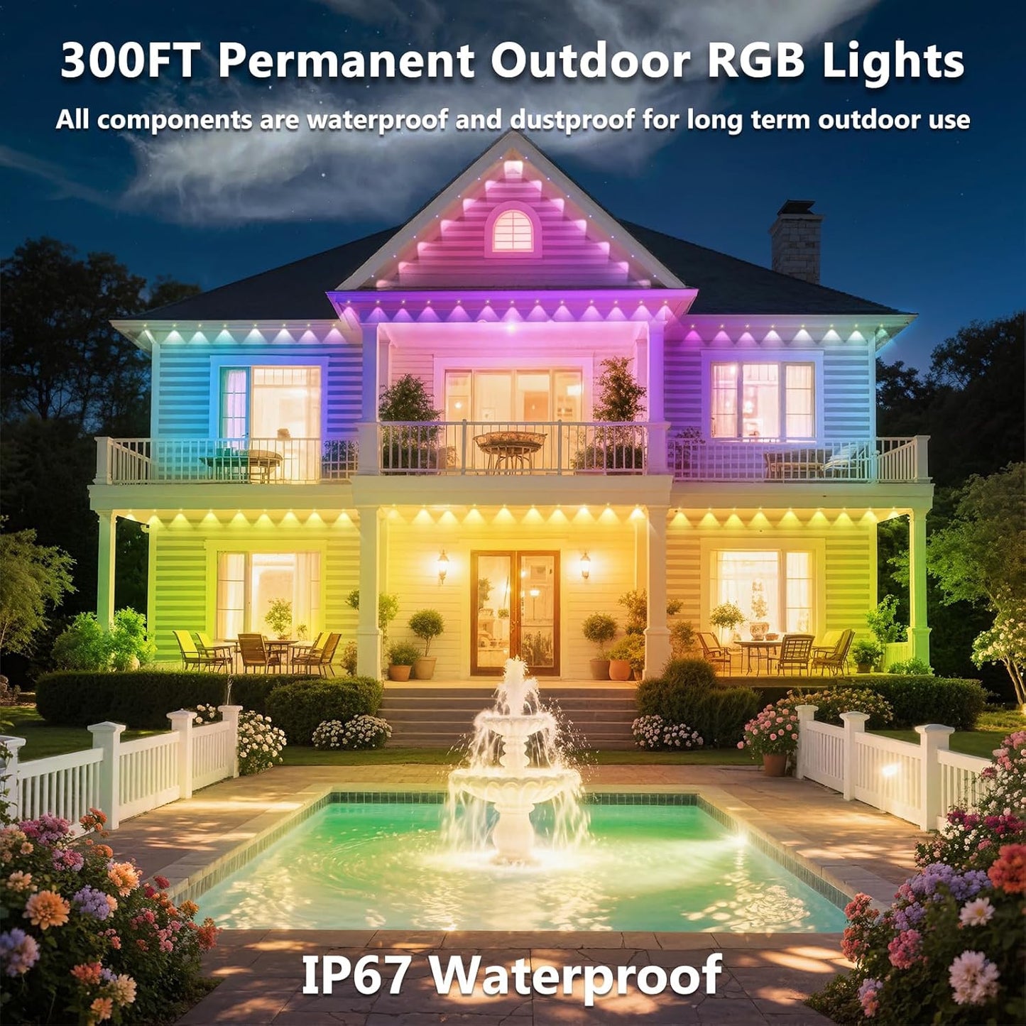 300FT Permanent Outdoor RGB Lights, IP67 Waterproof Smart Eave Lighting, with App/Remote Control Eaves Light, DIY LED Scenes Modes for House Roof Decor,Christmas,Party,All Holiday and Daily.