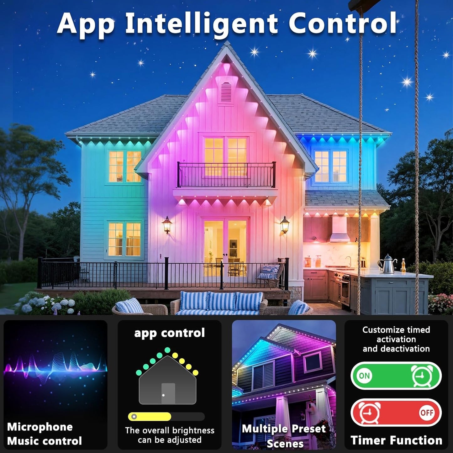 300FT Permanent Outdoor RGB Lights, IP67 Waterproof Smart Eave Lighting, with App/Remote Control Eaves Light, DIY LED Scenes Modes for House Roof Decor,Christmas,Party,All Holiday and Daily.