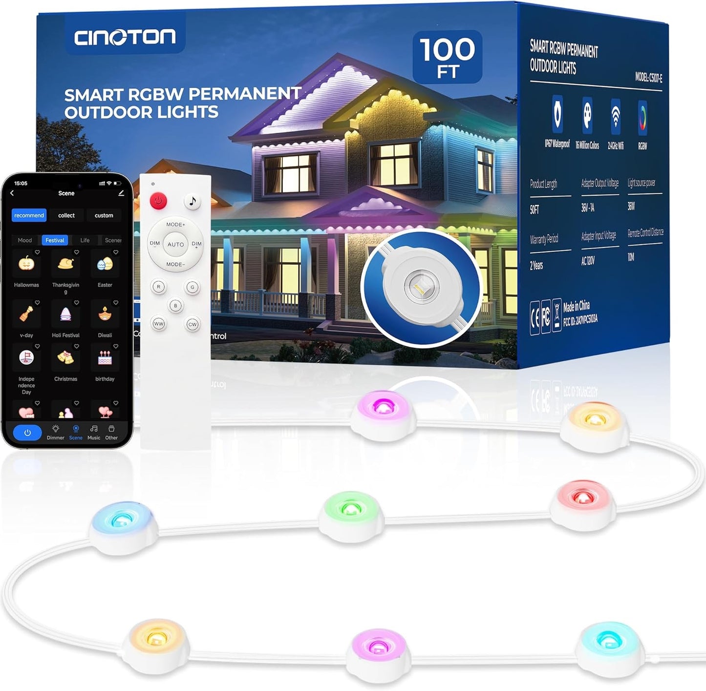 CINOTON Permanent Outdoor Lights 100ft, Smart RGBW+IC Eaves Lights with 60LEDs, IP67 Waterproof, 111 Scene Modes for Daily and Festival, Halloween Christmas... Size:100ft