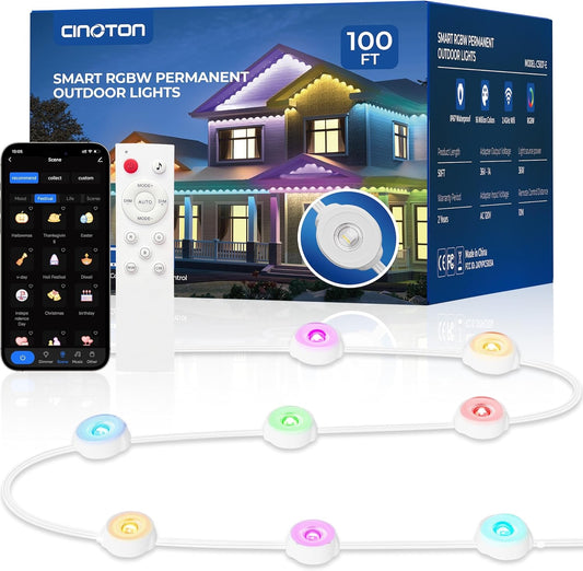 CINOTON Permanent Outdoor Lights 100ft, Smart RGBW+IC Eaves Lights with 60LEDs, IP67 Waterproof, 111 Scene Modes for Daily and Festival, Halloween Christmas... Size:100ft
