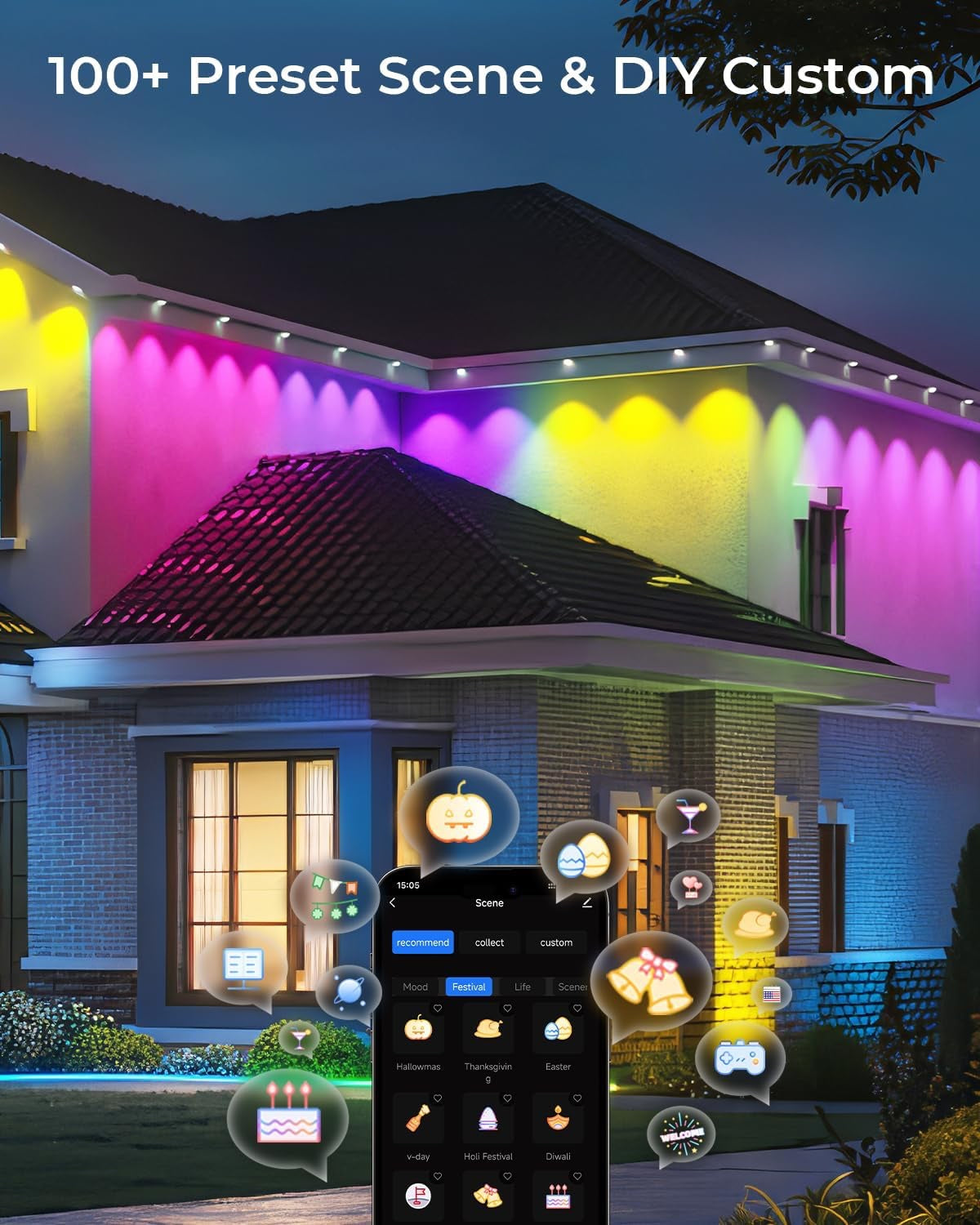 CINOTON Permanent Outdoor Lights 100ft, Smart RGBW+IC Eaves Lights with 60LEDs, IP67 Waterproof, 111 Scene Modes for Daily and Festival, Halloween Christmas... Size:100ft