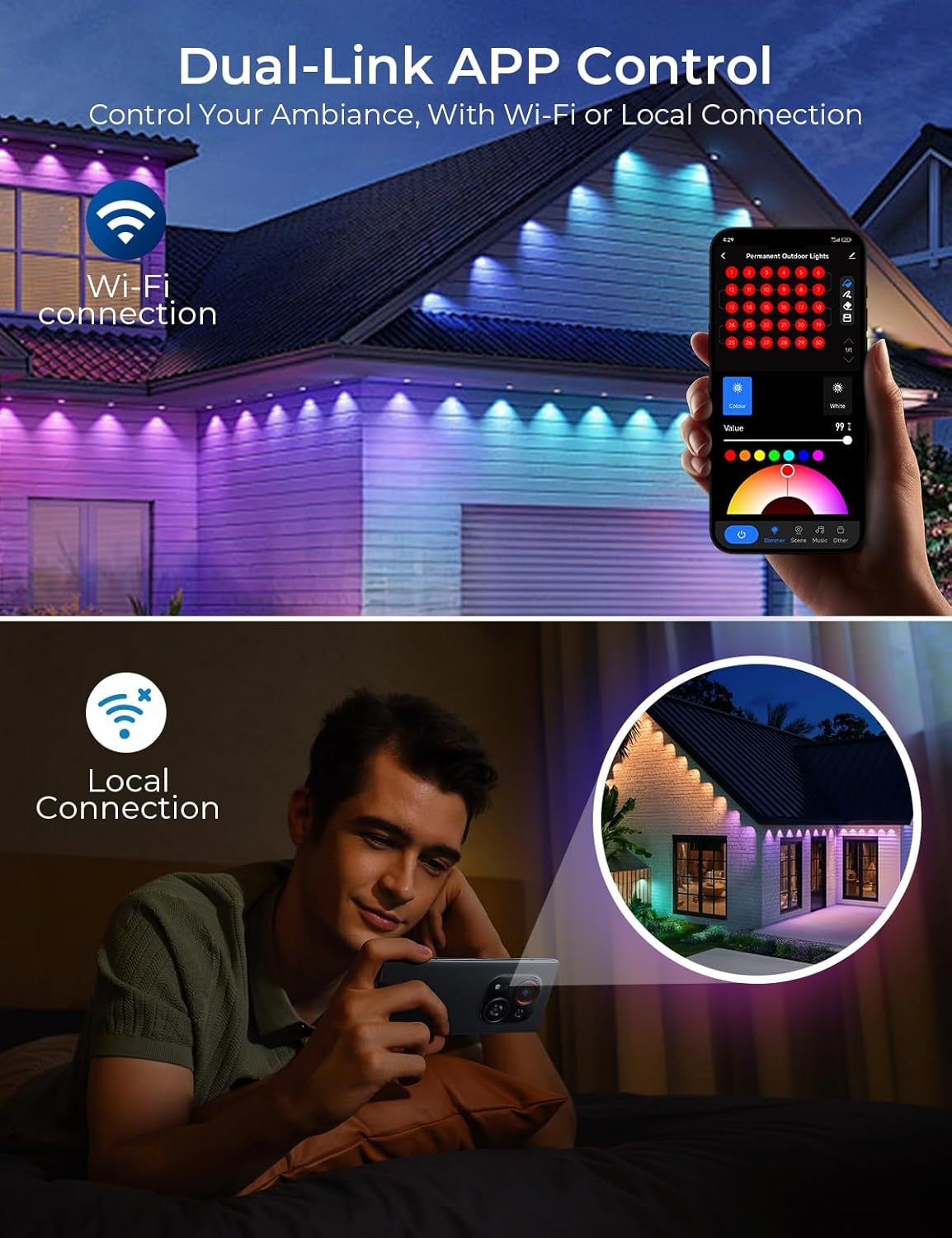 CINOTON Permanent Outdoor Lights 100ft, Smart RGBW+IC Eaves Lights with 60LEDs, IP67 Waterproof, 111 Scene Modes for Daily and Festival, Halloween Christmas... Size:100ft