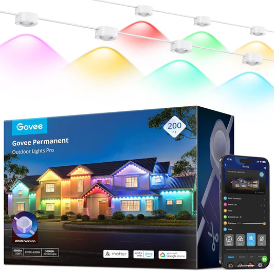 Govee Permanent Outdoor Lights Pro, 200ft with 120 RGBIC LED Lights for Daily and Accent Lighting, 75 Scene Modes for Outdoor Decor, IP67 Waterproof, Works... Color:White Size:200ft