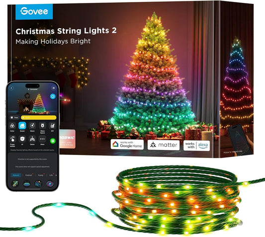 Govee Christmas Lights 2, RGBWIC 99FT 300LEDs Holiday String Lights with Shape Mapping Function, Smart LED Decoration for Indoor Outdoor Tree, 130+ Preset... Color:Green Size:99ft