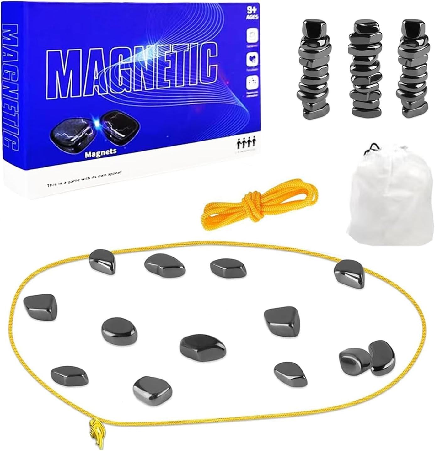 Magnetic Chess Set with 32 Travel-Stones, String & Portable Storage Bag, Strategy Board Game for Family, Indoor Outdoor Use for Kids Adults