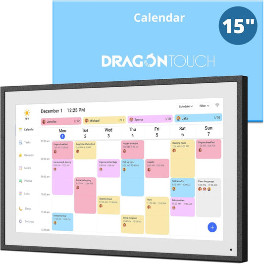 Dragon Touch 15.6 Inch Digital Calendar Wall - 1920 x 1080 FHD Electronic Wall Calendar Family Planner with 32GB Memory and Wall Mount, Touchscreen Intelligent Desk Calendar, Black