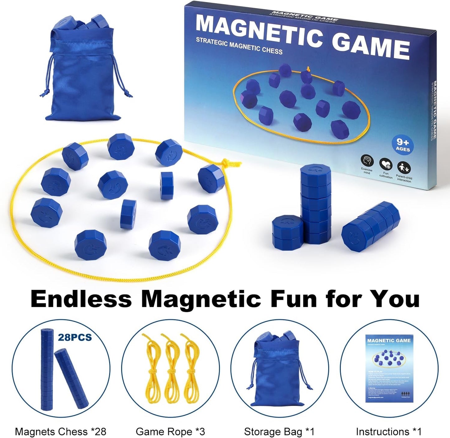 Magnetic Chess Game with 28 Full-Size Stones, Magnet Game with 3 String & Portable Storage Bag, Strategy Board Game for Family Game Night, Indoor Outdoor Use for Kids Adults (Age 9+)